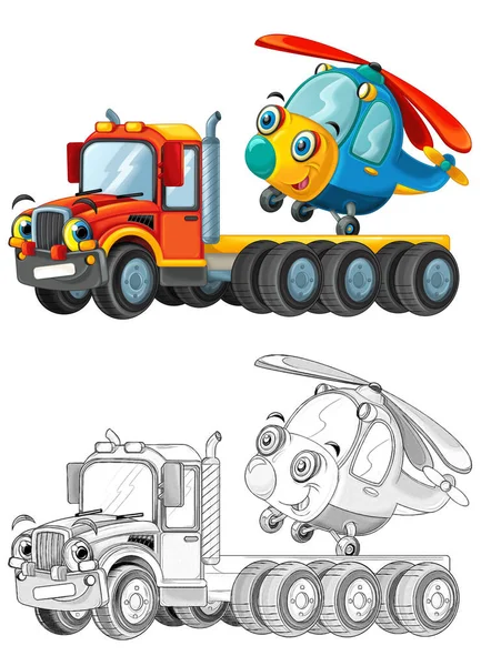 Happy Cartoon Tow Truck Driver Other Vehicle Helicopter Isolated White — Stock Photo, Image