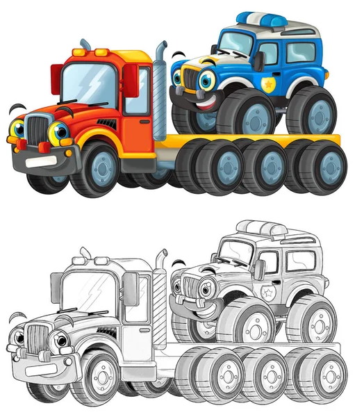happy cartoon tow truck driver with other vehicle car isolated on white background children illustration