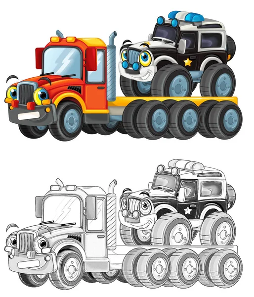 happy cartoon tow truck driver with other vehicle car isolated on white background children illustration