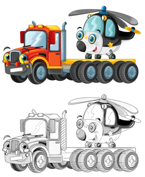 happy cartoon tow truck driver with other vehicle helicopter isolated on white background children illustration