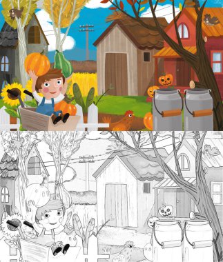 Çizimi olan çocuklar için farklı hayvan ve balkabağı resimli çiftlik sahnesi.