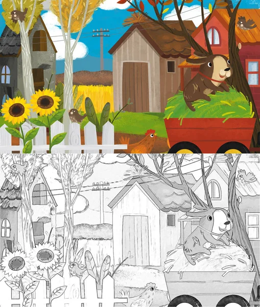 Dessin Animé Ferme Ranch Scène Avec Différents Animaux Citrouilles Illustration — Photo