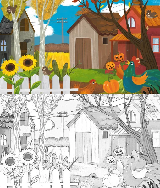 Dessin Animé Ferme Ranch Scène Avec Différents Animaux Citrouilles Illustration — Photo