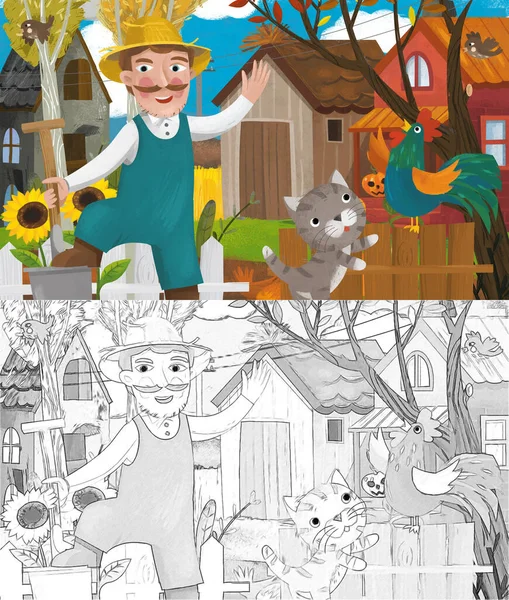 Desenho Animado Fazenda Fazenda Cena Com Diferentes Animais Abóboras Ilustração — Fotografia de Stock