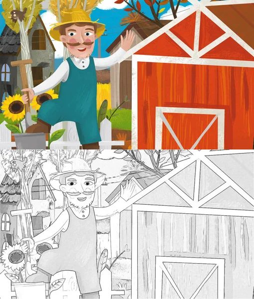 cartoon farm ranch scene with different animals and pumpkins illustration for children with sketch