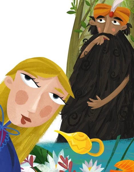 cartoon scene with wise older man jinn thinking illustration for children with princess