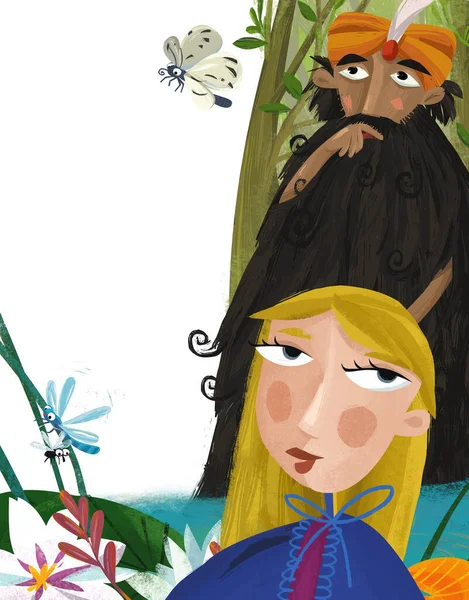 Rajzfilm Jelenet Bölcs Idősebb Férfi Dzsinn Gondolkodás Illusztráció Gyerekeknek Hercegnő — Stock Fotó