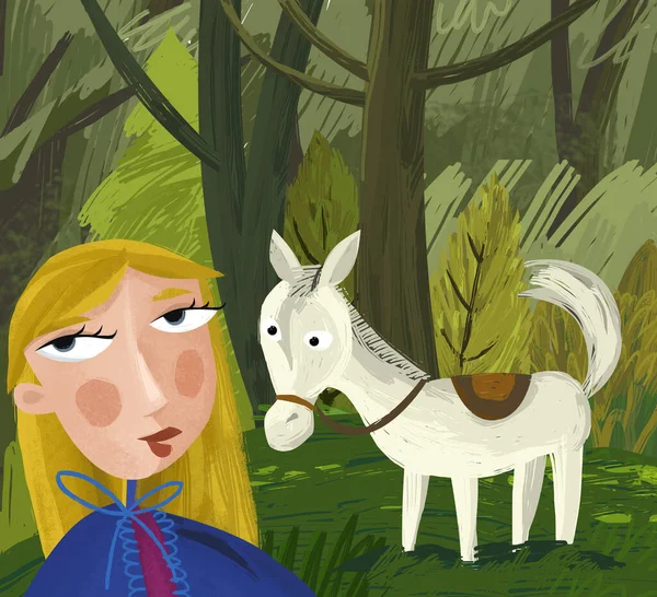 Kreslená Scéna Koněm Lese Louce Princeznou Ilustrace Pro Děti — Stock fotografie