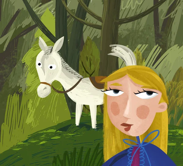 Cartoon Scene Horse Forest Meadow Princess Illustration Children — Stock Photo, Image
