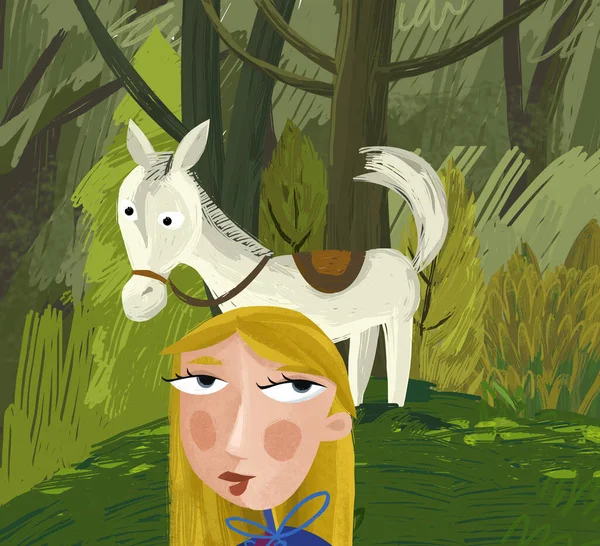 Zeichentrickszene Mit Pferd Wald Auf Der Wiese Mit Prinzessin Illustration — Stockfoto