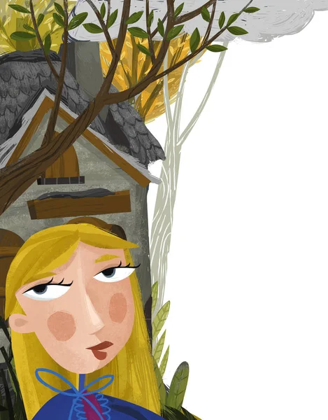 Kreslené Scény Krásnou Dívkou Princezna Blízkosti Starého Domu Lese Ilustrace — Stock fotografie