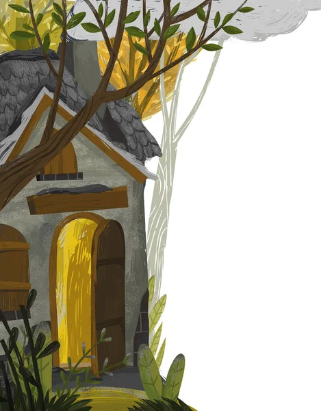 Scena Dei Cartoni Animati Con Casa Nella Foresta Illustrazione Bambini — Foto Stock