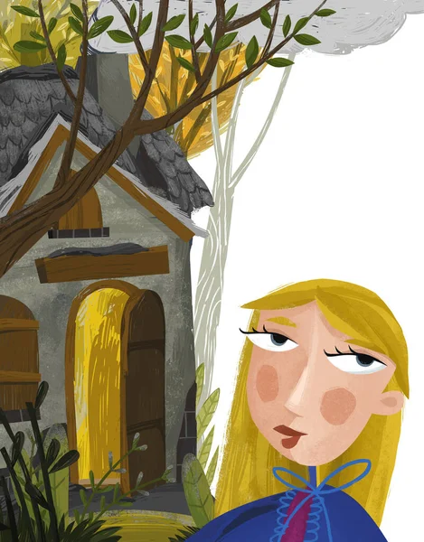 子供のための森のイラストで古い家の近くの美しい女の子の王女と漫画シーン — ストック写真
