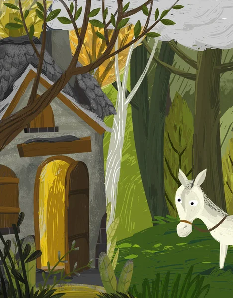 Cartoon Scene Horse Forest Meadow Old House Illustration Children — Stock Photo, Image