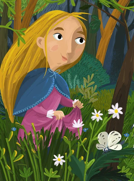 Scena Dei Cartoni Animati Con Ragazza Principessa Nella Foresta Illustrazione — Foto Stock