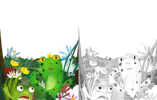 Feliz Escena Dibujos Animados Con Rana Bichos Divertidos Insectos Vuelo —  Fotos de Stock