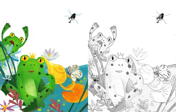 Escena Dibujos Animados Con Rana Bichos Divertidos Insectos Vuelo Ilustración —  Fotos de Stock