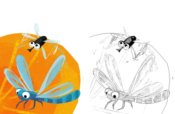 带有滑稽昆虫的卡通场景为孩子们飞出孤立的图画 — 图库照片