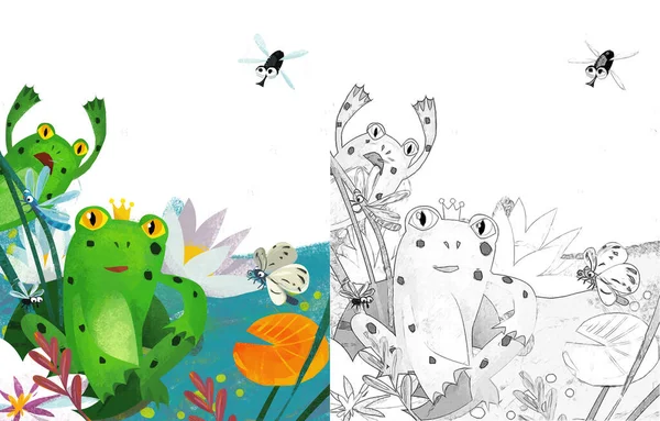 Kreslená Scéna Žábou Vtipnými Brouky Hmyz Létání Ilustrace Pro Děti — Stock fotografie