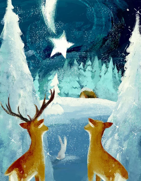 Desenho Animado Ilustração Família Santa Josef Mary Cervos Cena Tradicional — Fotografia de Stock