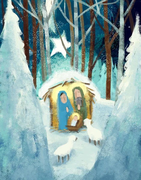 Cartoon Illustration Holy Family Josef Mary Traditional Scene Illustration Children — Stock Photo, Image