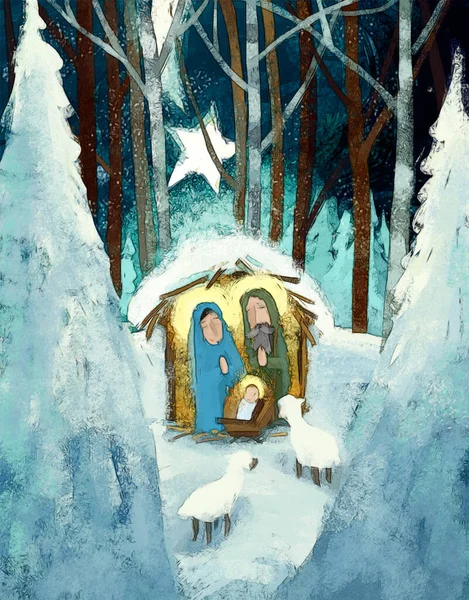Cartoon Illustration Holy Family Josef Mary Traditional Scene Illustration Children — Stock Photo, Image