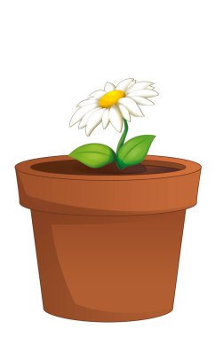 Kil geleneksel çömlek ile çizgi film sahnesi çocuklar için izole edilmiş çiçek illüstrasyonu