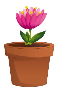 Kil geleneksel çömlek ile çizgi film sahnesi çocuklar için izole edilmiş çiçek illüstrasyonu