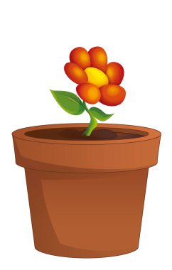 Kil geleneksel çömlek ile çizgi film sahnesi çocuklar için izole edilmiş çiçek illüstrasyonu