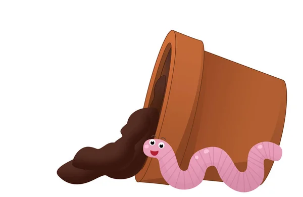 卡通片场景 有倒置的粘土花盆 上面有蠕虫为孩子们提供的孤立的插图 — 图库照片