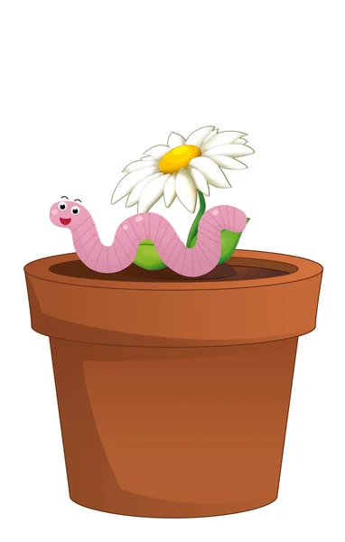 Cartoon Scene Met Klei Traditionele Pot Voor Bloemen Met Worm — Stockfoto