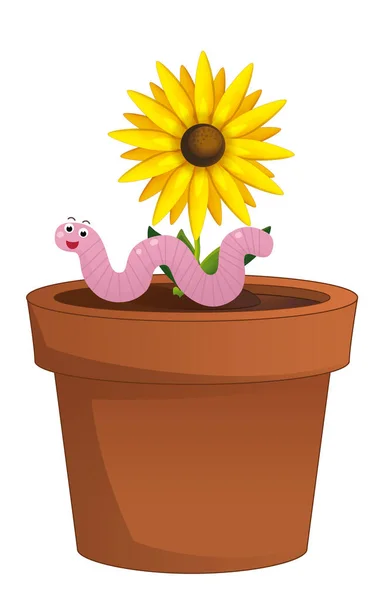 Rajzfilm Jelenet Agyag Hagyományos Pot Virágok Féreg Elszigetelt Illusztráció Gyerekeknek — Stock Fotó