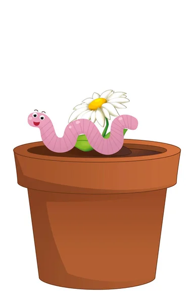 Cartoon Scene Clay Traditional Pot Flowers Worm Isolated Illustration Children — Stock Photo, Image