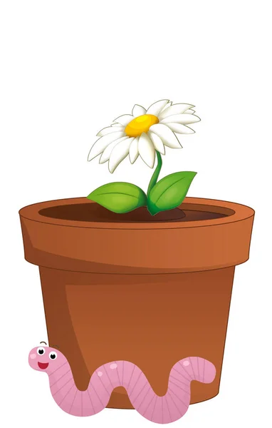 stock image cartoon scene with clay traditional pot for flowers with worm isolated illustration for children