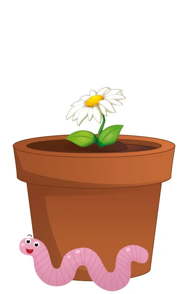 Cartoon Scene Met Klei Traditionele Pot Voor Bloemen Met Worm — Stockfoto