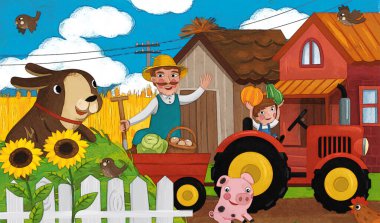 Mutlu çiftçi ailesi ve çocuklar için köpek resimli çizgi film sahnesi