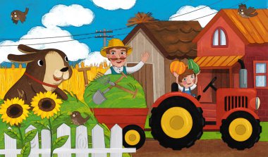 Mutlu çiftçi ailesi ve çocuklar için köpek resimli çizgi film sahnesi
