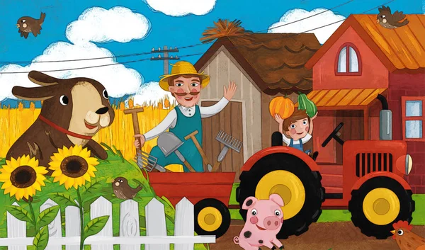 Mutlu Çiftçi Ailesi Çocuklar Için Köpek Resimli Çizgi Film Sahnesi — Stok fotoğraf