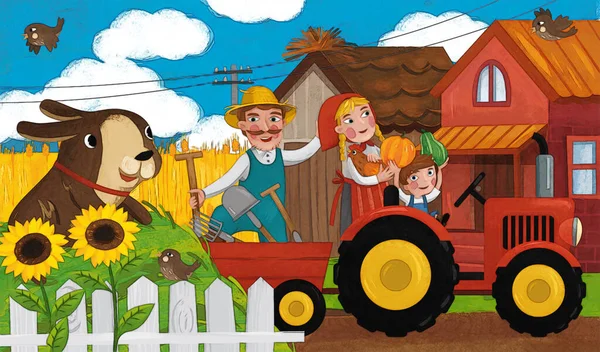 Tecknad Ranch Scen Med Glad Bonde Familj Och Hund Illustration — Stockfoto