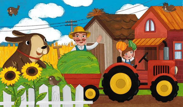 卡通片农场场景 为孩子们展示快乐的农民家庭和狗的图解 — 图库照片