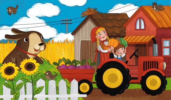 Dessin Animé Ranch Scène Avec Heureux Agriculteur Famille Chien Illustration — Photo