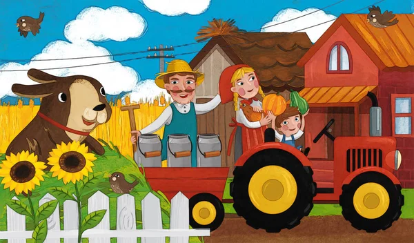 Kreslený Ranč Scéna Šťastný Farmář Rodina Pes Ilustrace Pro Děti — Stock fotografie