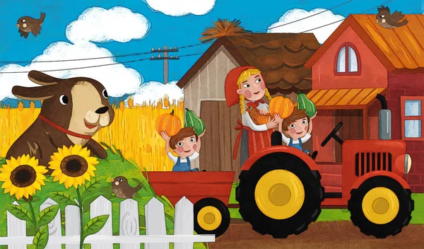 Сцены Ранчо Счастливой Фермерской Семьёй Собачьей Иллюстрацией Детей — стоковое фото