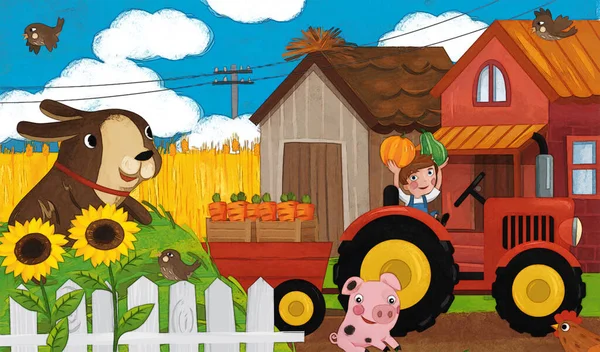 Мультяшна Сцена Ранчо Щасливою Сім Фермерів Ілюстрацією Собак Дітей — стокове фото