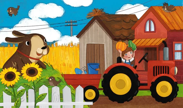 Καρτούν Ράντσο Σκηνή Ευτυχισμένη Οικογένεια Αγρότη Και Σκύλο Εικονογράφηση Για — Φωτογραφία Αρχείου