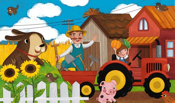 幸せな農家の家族と子供のための犬のイラストと漫画牧場のシーン — ストック写真