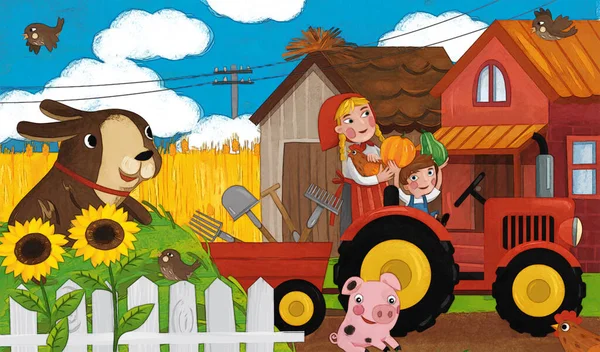 Cena Fazenda Desenhos Animados Com Feliz Agricultor Família Cão Ilustração — Fotografia de Stock