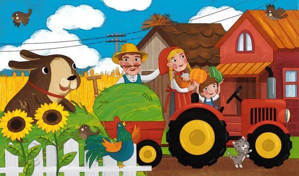 幸せな農家の家族と子供のための犬のイラストと漫画牧場のシーン — ストック写真