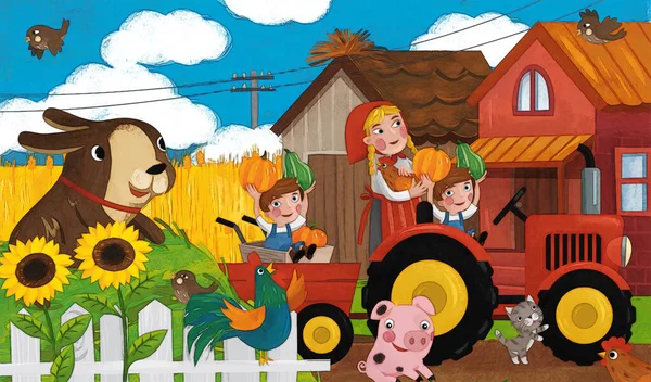 Mutlu Çiftçi Ailesi Çocuklar Için Köpek Resimli Çizgi Film Sahnesi — Stok fotoğraf