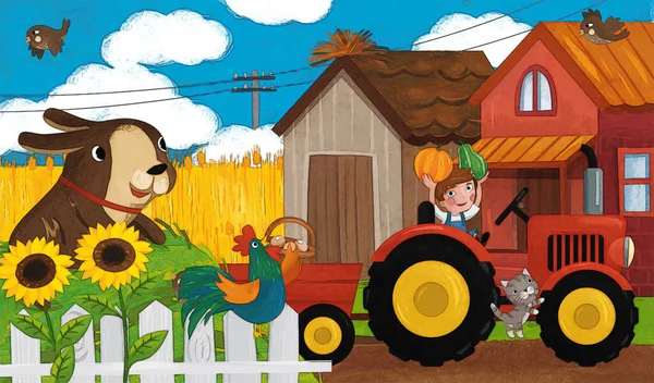 Tecknad Ranch Scen Med Glad Bonde Familj Och Hund Illustration — Stockfoto